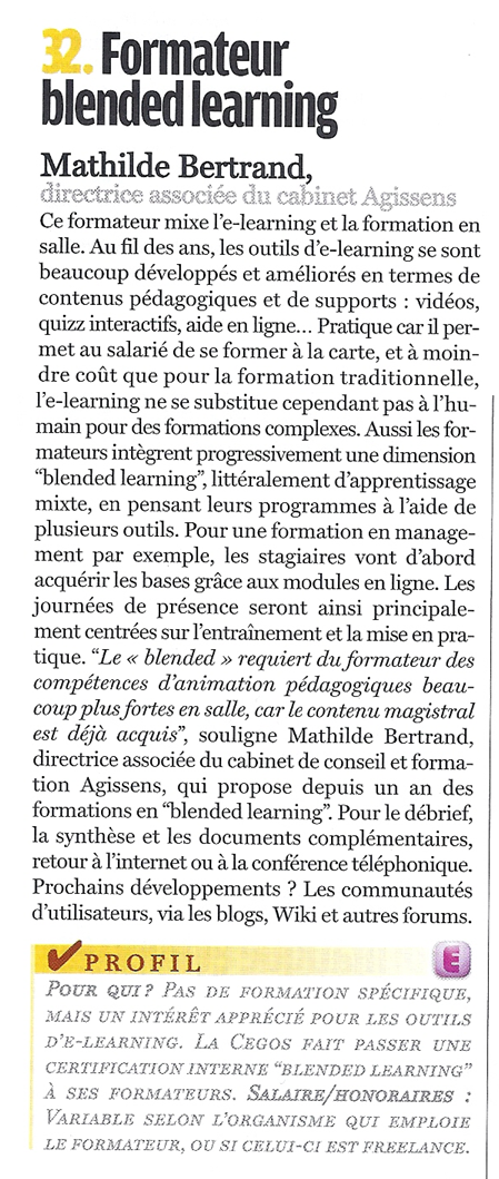 La formation blended learning, Mathilde Faidherbe pour Courrier Cadres, 2009
