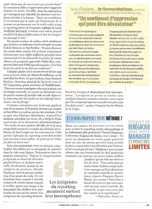 Les limites du reporting dans le management, propos de Mathilde Faidherbe recueillis par Courrier Cadres p4