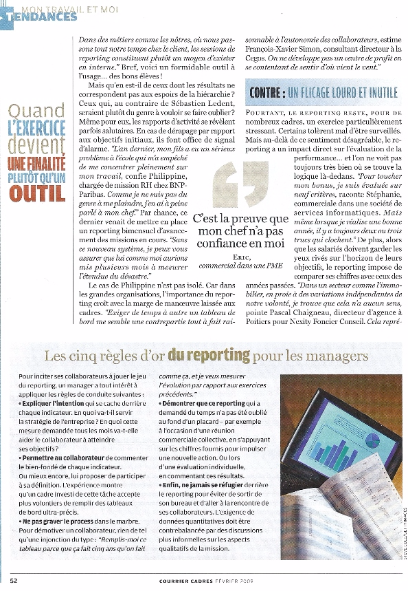 Les limites du reporting dans le management, propos de Mathilde Faidherbe recueillis par Courrier Cadres p3