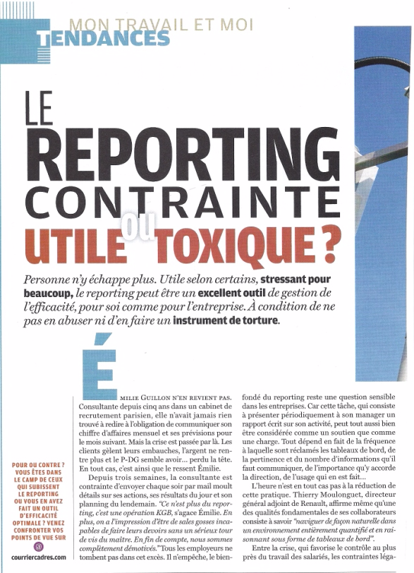 Les limites du reporting dans le management, propos de Mathilde Faidherbe recueillis par Courrier Cadres p1