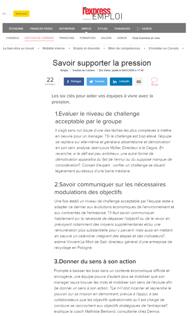 Gérer la pression, Mathilde Faidherbe citée sur l'Expansion.com p1