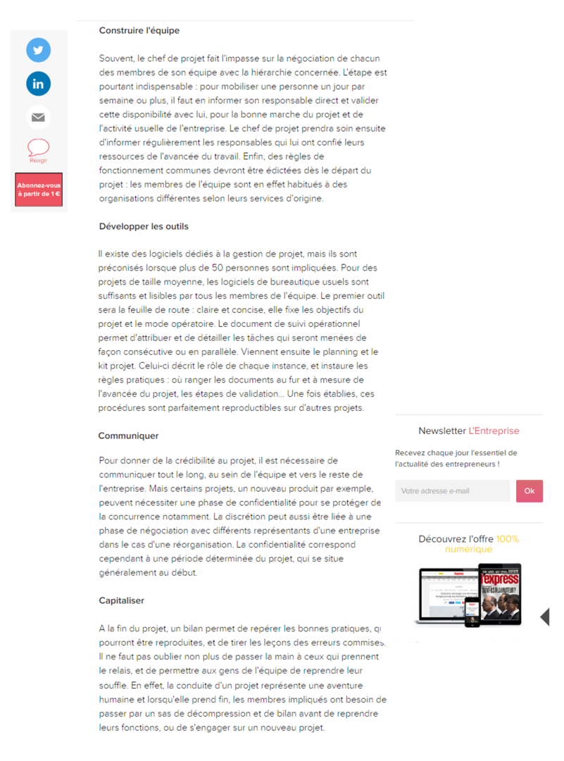 Les clés d'un bon management par projet, Mathilde Faidherbe pour l'entreprise.com, page2