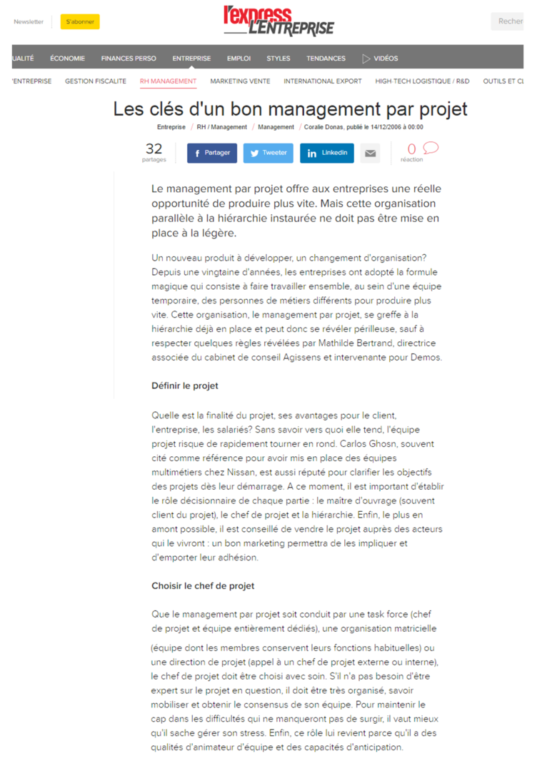 Les clés d'un bon management par projet, Mathilde Faidherbe pour l'entreprise.com, page1